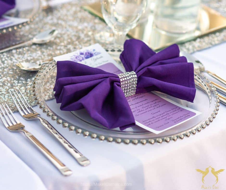 Place setting at wedding reception at Jamaica wedding venue for small weddings