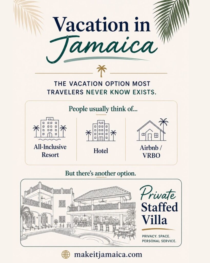 infographic showing vacation options in Jamaica - all inclusive, hotel, Airbnb VRBO and private staffed villa in Jamaica